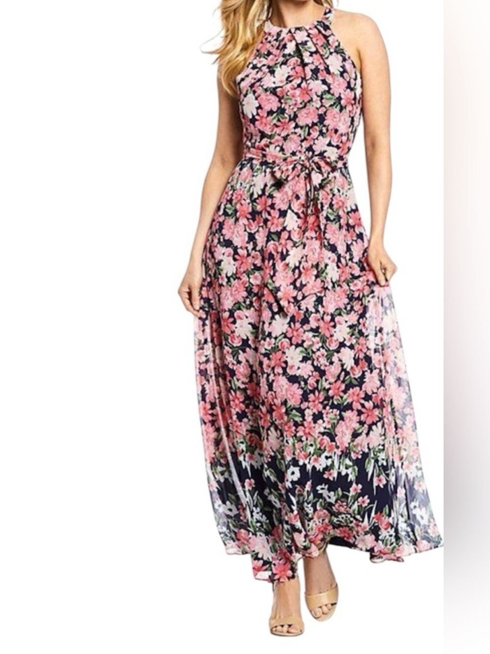 Black Floral Halter Maxi Dress with Pink Blooms